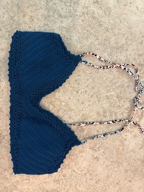 Xhilaration Navy Blue Crochet Bikini Top with Patterned Straps